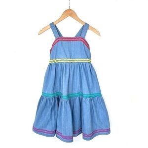 Hanna Andersson chambray denim jean jumper dress 140/10 rickrack blue yellow red